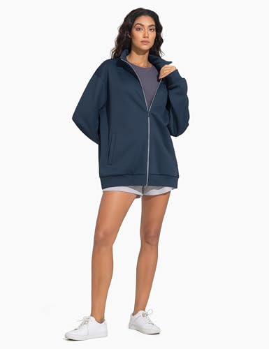 THE GYM PEOPLE Women's Oversized Zip Up Sweatshirts Fleece Mock Neck Jacket - color: Navy Blue, size: X-Large