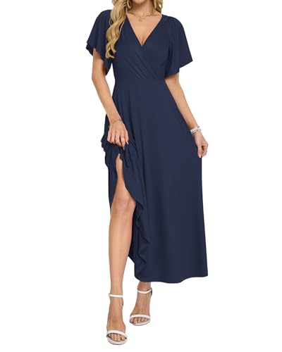 AUSELILY Maxi Dresses Women 2026 Ruffle Sleeve V Neck Summer Wrap Dress - color: Navy Blue, size: Medium
