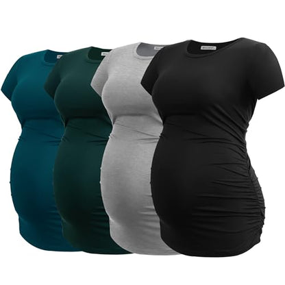 Smallshow Women's 4 Pack Maternity Shirts Short Sleeve Pregnancy Tops Clothes - color: Black-deep Green-light Grey-teal(4 Pack), size: Medium