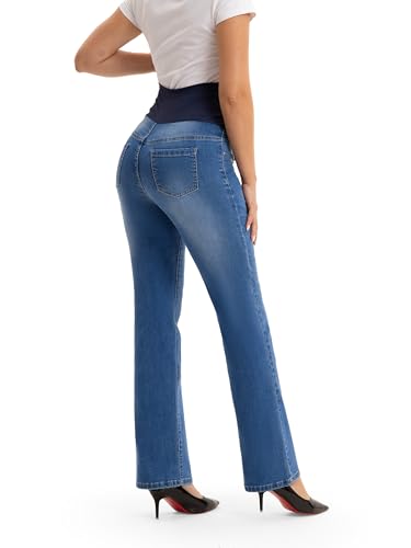 SEVEGO Women's 29"/31"/33"/35" Maternity Bootcut Jeans Over the Belly Pregnancy Flare Stretch Denim Pants Pockets Comfy - color: Blue, size: Medium