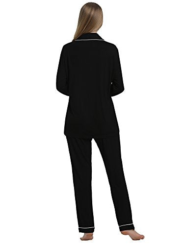 Cherrydew Women's Bamboo Viscose Cooling Long Sleeve Button Up Pajama Set - color: Black, size: XX-Large