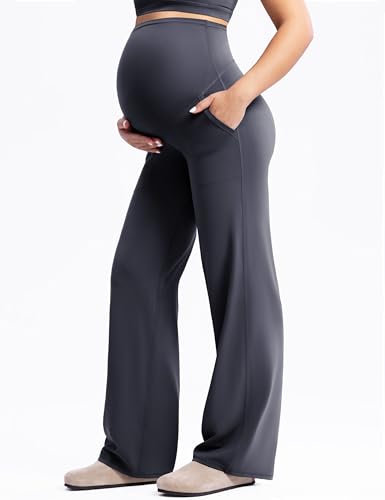 POSHDIVAH Creamluxe Maternity Wide Leg Pants Pregnancy Work Trousers - color: Charcoal Gray, size: Small