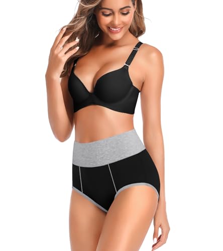 OLIKEME High Waisted Underwear for Women Tummy Control Cotton Plus Size Full Coverage Packs Ladies Panties Briefs - color: Black+grey Waistband -5 Pack, size: Large