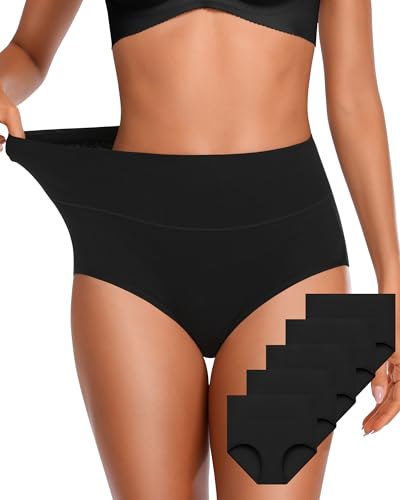 OUENZ Womens Underwear Cotton High Waisted Panties Full Coverage Postpartum Briefs Soft Stretch Ladies Underpants Multi Pack - color: Black a, size: Medium