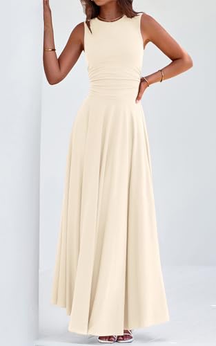 PRETTYGARDEN Womens Sleeveless Summer Dresses 2026 Flowy Aline Maxi Dress - color: Beige, size: Medium