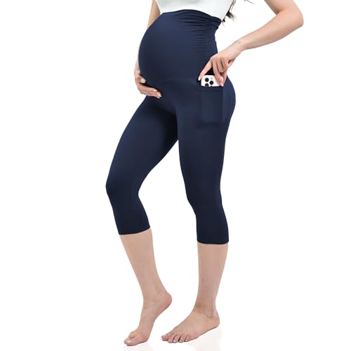 Ipletix Maternity Capris Leggings with Pockets Pregnancy Yoga Pants - color: Navy Blue, size: Medium