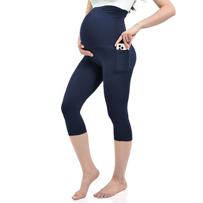 Ipletix Maternity Capris Leggings with Pockets Pregnancy Yoga Pants - color: Navy Blue, size: Medium