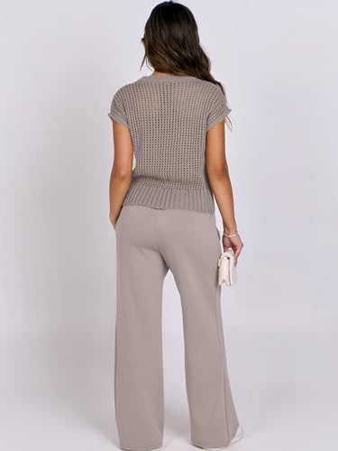 ANRABESS Women Two Piece Outfits Crochet Lounge Matching Travel Sets - color: Light Khaki, size: Large