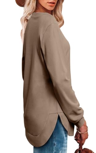 OFEEFAN Womens Sweatshirt Crewneck Long Sleeve Shirts High Low Tops Curved Hem - color: A-coffee, size: Medium