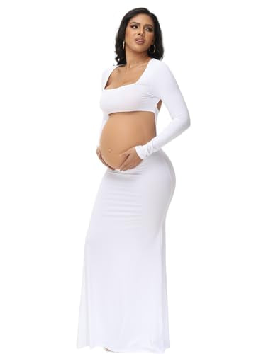 Women's Maternity Elegant Fitted Maxi Dress for Photoshoot - color: White, size: Medium
