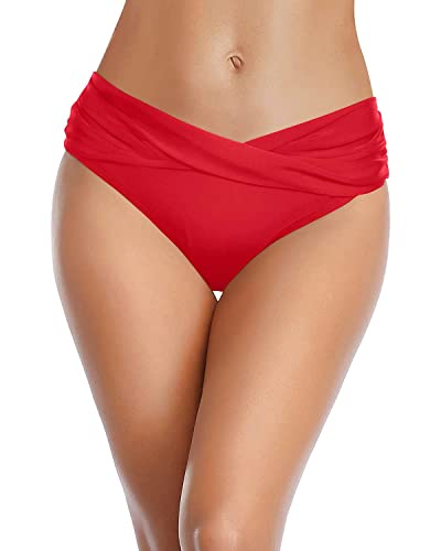 Women Twist Bikini Bottom Full Coverage Ruched Bathing Suit Bottoms - color: Red, size: Medium