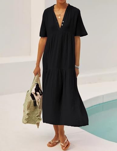 R.Vivimos Womens Summer Cotton Casual Flowy Maxi Dress - color: Black, size: Small