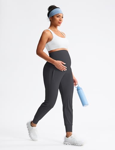 Mama Land Maternity Joggers Over Belly Pants with Zipper Pockets - color: Dark Grey, size: Medium