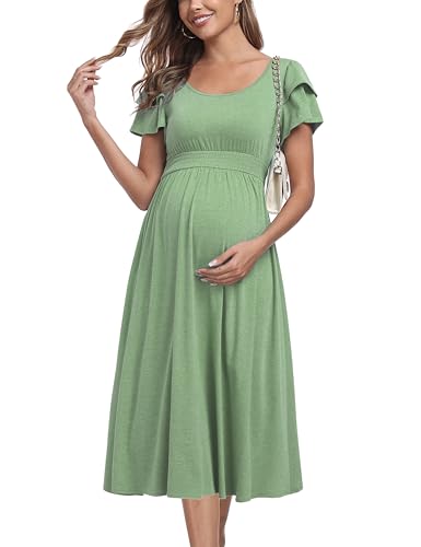 Ruffle Short Sleeve Maternity Dress High Waisted Midi Baby Shower Dresses - color: Sage, size: Medium
