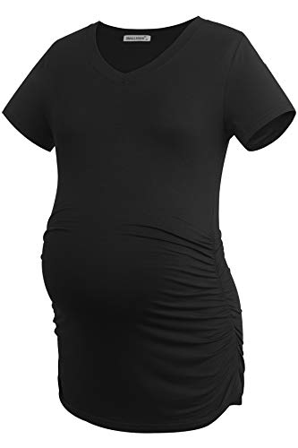 Smallshow Women's V Neck Maternity Clothes Tops Side Ruched Pregnancy T Shirt - color: Black-light Grey-white Stripe(3 Pack), size: X-Large