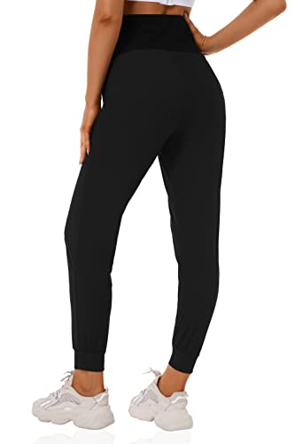 Foucome Women's Maternity Joggers Quick Dry Pregnancy Scrub Pants - color: Black, size: Large