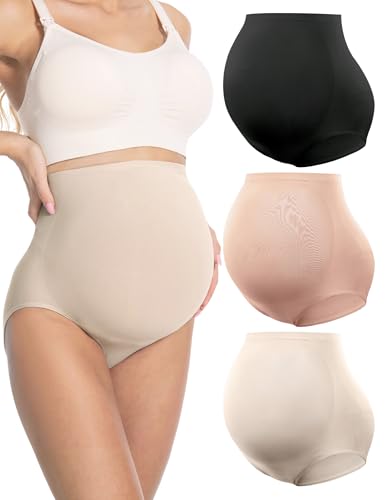 HOFISH Seamless Over-Bump Maternity Underwear, High-Waisted Panties - color: 3pack:black/Beige/Elegant Pink, size: Small