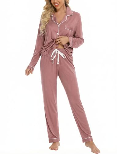 Leikar Button Up Pajamas For Women Long Sleeve Viscose Soft Pjs Lounge - color: Brick Red, size: Medium