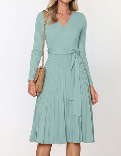 ZESICA Women's Long Sleeve Wrap Sweater Midi Dress with Belt - color: Lake, size: Large