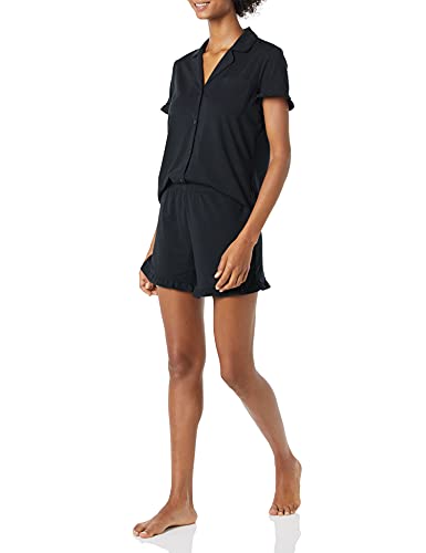 Amazon Essentials Women's Cotton Modal Piped Notch Collar Ruffle Pajama Short Set (Available in Plus Size) - color: Black, size: X-Large