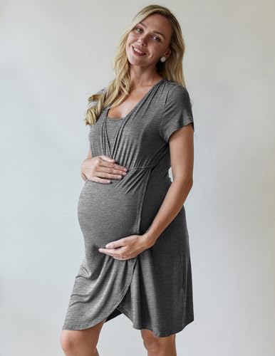 Nursing Nightgown Short Sleeve Breasfeeding Birthing Gown Maternity Dress - color: Grey, size: Small