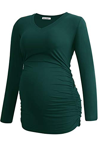 Smallshow Women's V-Neck Maternity Shirt Clothes Long Sleeve Ruched Pregnancy Top - color: Black-deep Green-wine(3 Pack), size: Small