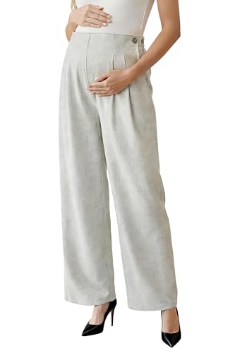 OUGES Women's Linen Maternity Pants Casual Work Adjustable Waist Straight Leg Business Office Trousers with Pockets - color: Linen, size: Large