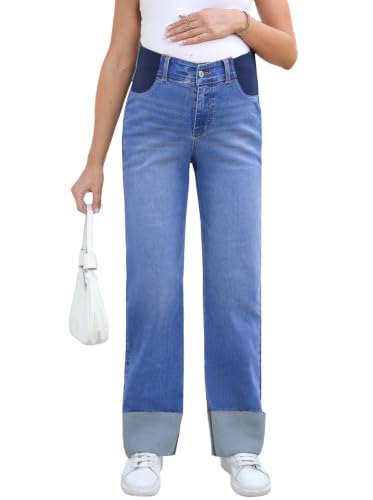 BLENCOT Maternity Jeans for Women Stretchy Summer Cuffed Wide Leg Baggy Denim Pants with Pockets - color: Wild Wind Blue, size: Large