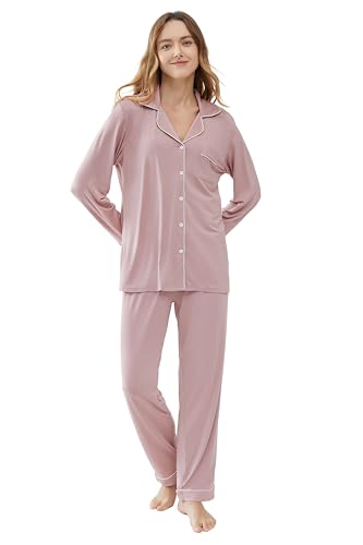 Joyaria Women's Cooling Bamboo Viscose Pajama Set Long Sleeve Button Front - color: Blushing Pink, size: X-Large