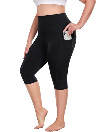 16" Womens Plus Size Capri Yoga Pants with Pockets 16" Knee Length - color: Black, size: XX-Large Plus