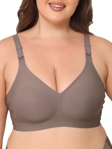 Jelly Support Wireless Nursing Bra V Neck Front Easy Open Clips Maternity Breastfeeding Bralette - color: Brown, size: Small