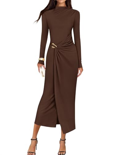 ZESICA Womens Fall Long Sleeve Wedding Guest Midi Dresses - color: Brown, size: Small