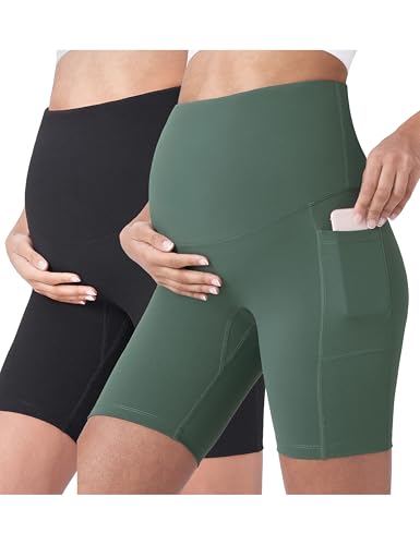 POSHDIVAH Maternity Biker Shorts Over the Belly with Pockets 5"/8" - color: Black Crab Green, size: X-Large