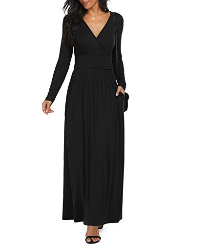 LILBETTER Women Long Sleeve Deep V Neck Loose Plain Long Maxi Casual Dress - color: Black, size: Large