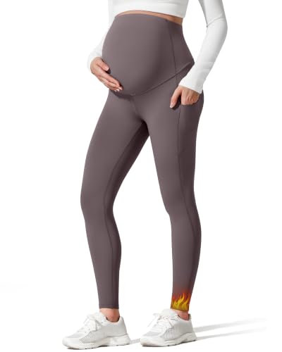 G4Free BareFeel Fleece Lined Maternity Leggings with Pockets Winter - color: Taupe, size: Medium