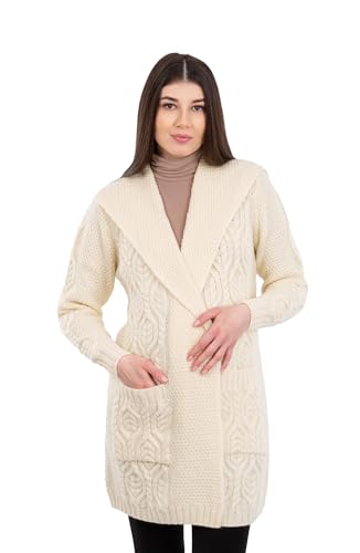 SAOL Pregnancy Long Cardigan with Hood 100% Merino Wool, Made in Ireland - color: Natural, size: Medium