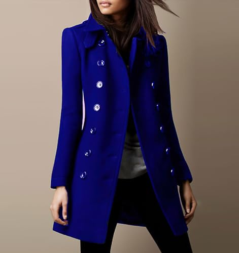 chouyatou Women's Winter Double Breasted Wool Coat Elegant Collared Wool Blend Trench Pea Coat - color: Blue, size: Medium