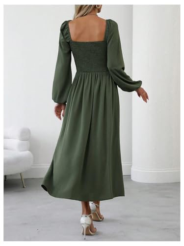 Floerns Women's Square Neck Lantern Long Sleeve Split Ruched Midi Dresses - color: Green, size: Large