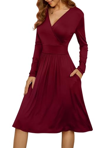 WEACZZY Women's Long Sleeve V Neck Casual Fall Dresses with Pockets - color: 01 Long Sleeve Wine Red, size: X-Large
