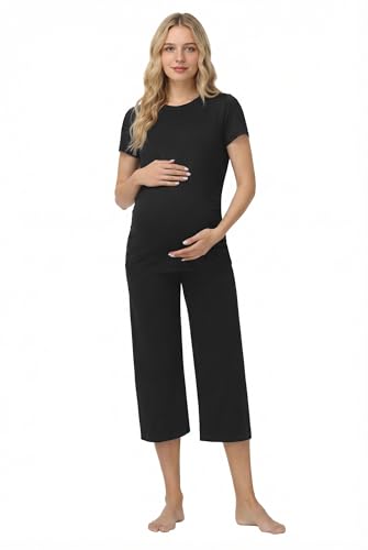 Womens Maternity Pajamas 2 Piece Set Short Sleeve - color: Black, size: X-Large