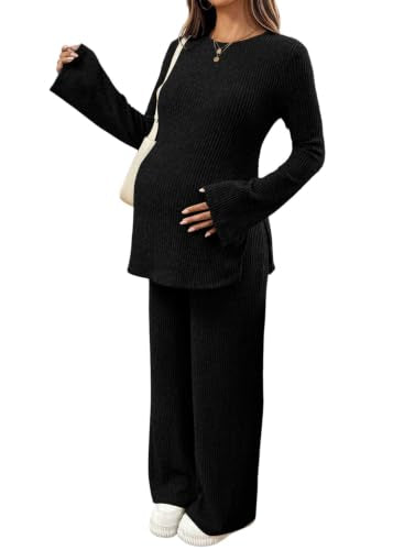 BLENCOT Maternity 2 Piece Outfits Ribbed Knit Long Sleeve Sets - color: Black, size: X-Large