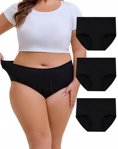 INNERSY Women's Plus Size Period Underwear High Waist Heavy Flow 3-Pack - color: Black, size: XX-Large