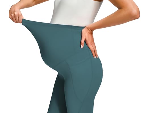 JOYSPELS Smooth Feeling Maternity Workout Leggings with Pockets Pregnancy Pants Over The Belly - color: Teal Blue, size: X-Small
