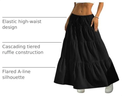 DERAX Womens Maxi Skirt Boho Flowy Ruffle Elastic Waist Long Skirts - color: Black, size: Large