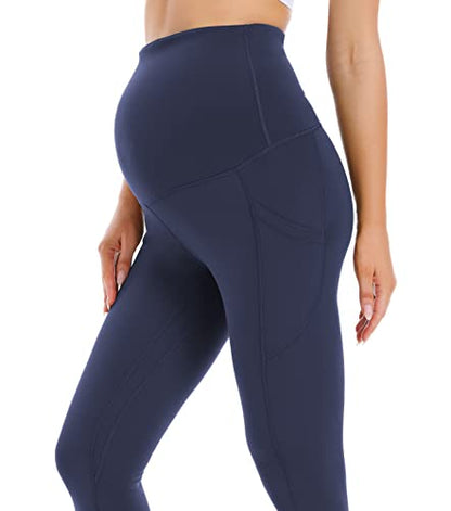 Foucome Women's Fleece Lined Maternity Leggings with Pockets - color: 2pack Black+navy, size: Large