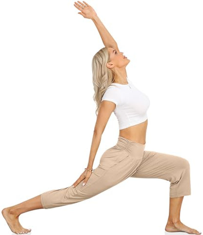 UEU Women's Yoga Capri Pants Loose Soft Drawstring Workout Sweatpants - color: Capris, Beige, size: Large