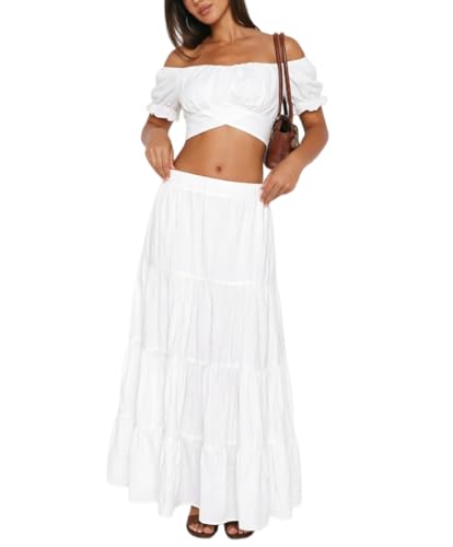 Womens 2 Piece Outfit Boho Summer Vacation Top Maxi Skirt Set - color: White, size: Small