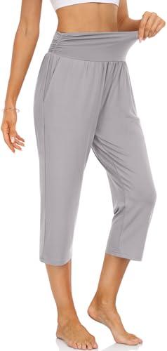UEU Women's Yoga Capri Pants Loose Soft Drawstring Workout Sweatpants - color: Capris, Light Grey, size: Large