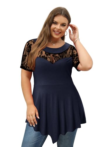 Magritta Women's Short Sleeve Crew Neck Plus Size Tunic Tops - color: Deepblue, size: 3X