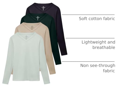 4 Pack Women's Long Sleeve Cotton V Neck Tshirts Basic Tees Tops Undershirt - color: Set 7, size: Small